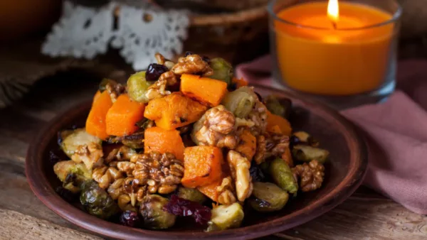 Cinnamon Roasted Autumn Vegetables With Cranberry and Pecans